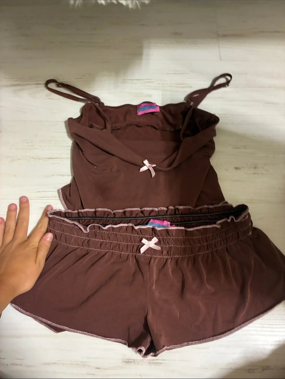Edikted Brown Camisole & Shorts Sleep Set with Pink Accents